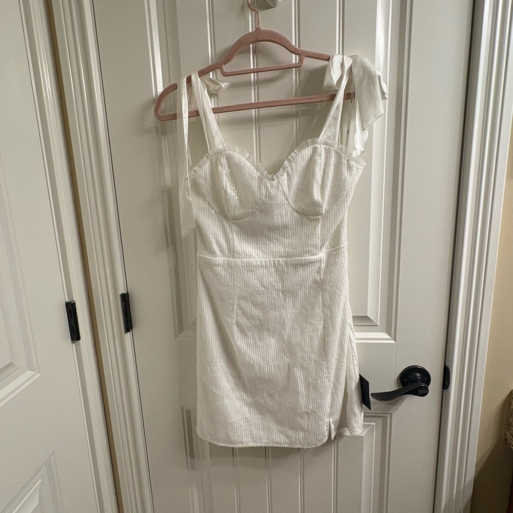 Lulus NWT Glowing Intentions White Sequin Bustier Tie-strap Mini Dress - Size S - Picture 2 of 15